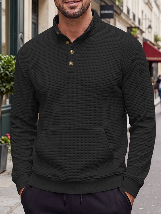 Men's Vintage Waffle-Knit Henley Sweatshirt with Stand Collar