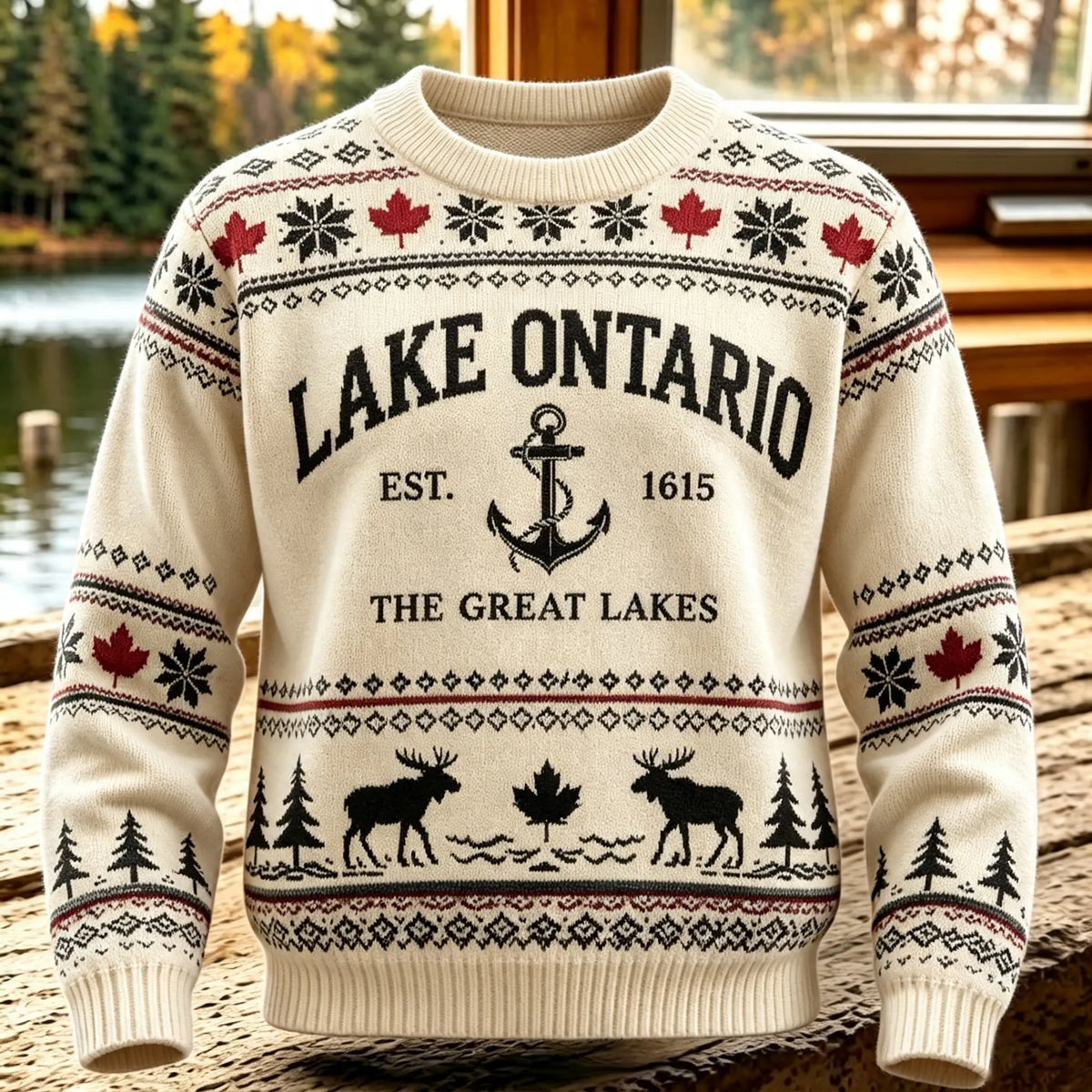 1615 Lake Ontario Canada Icelandic Style Jacquard Knit Warm Sweater