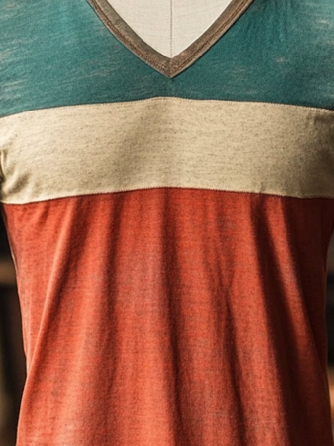 Men's vintage-look colorblock V-neck short-sleeved T-shirt