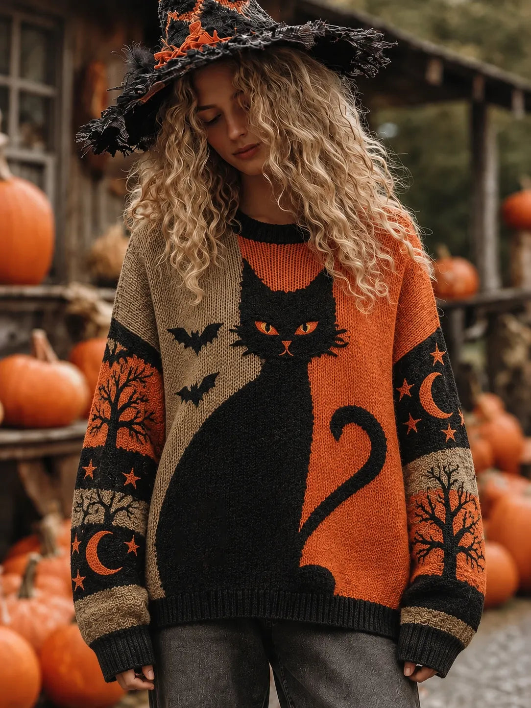 Women's Halloween Pumpkin Cat Print Knitted Comfort Round Neck Sweater