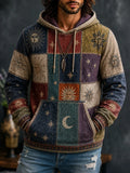 Men's Earth‐Tone Patchwork Square Sun Face Crescent Star Celestial Graphics Print Hoodies