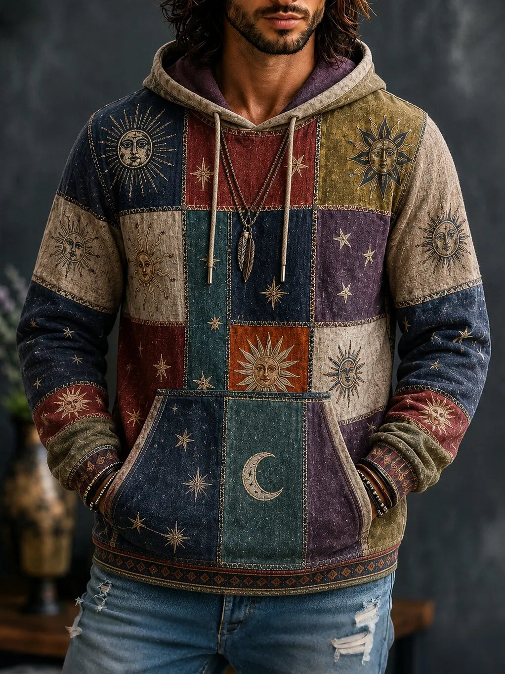 Men's Earth‐Tone Patchwork Square Sun Face Crescent Star Celestial Graphics Print Hoodies