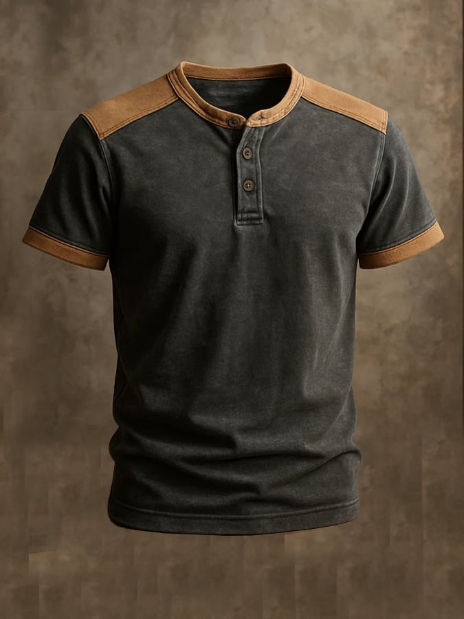 Men's vintage-style Henley print short-sleeved T-shirt