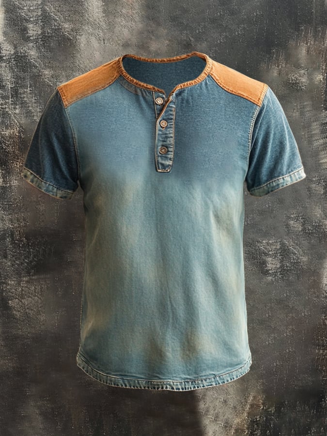 Men's casual retro wash colorblock Henley T-shirt