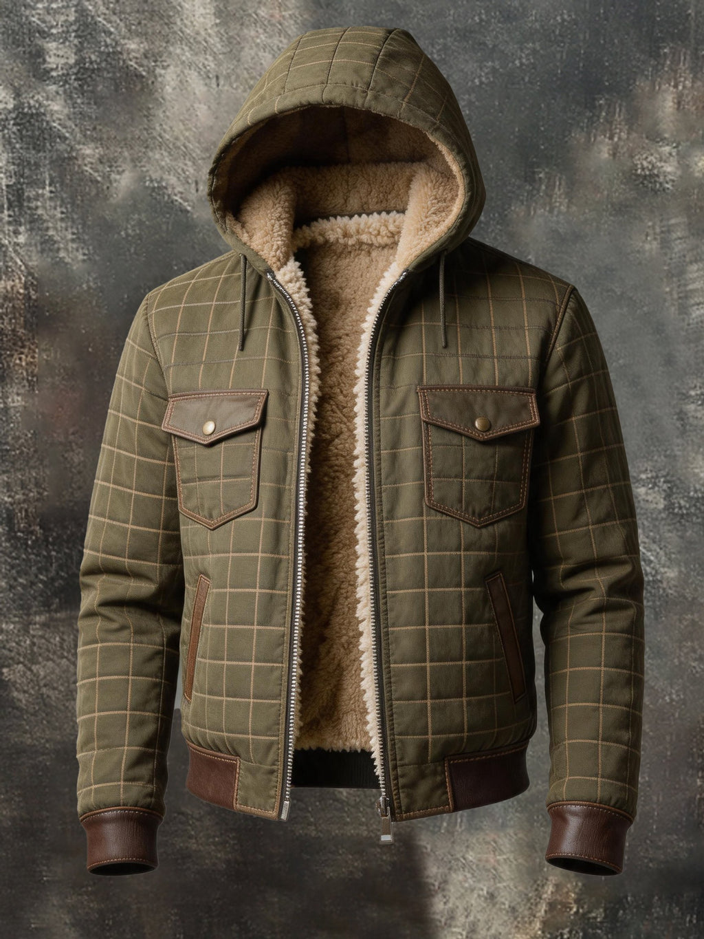 Men's Vintage Quilted Check Hooded Jacket with Faux Shearling Lining