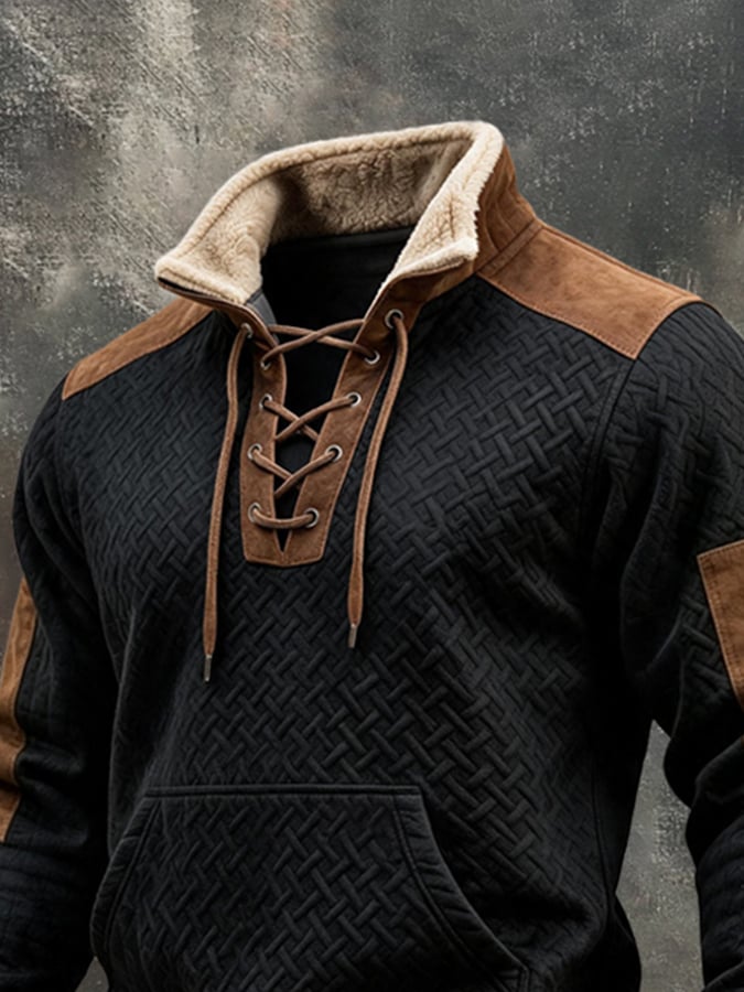 Men'S Retro Textured Panel Sweatshirt With Suede Details And Lace-Up Collar