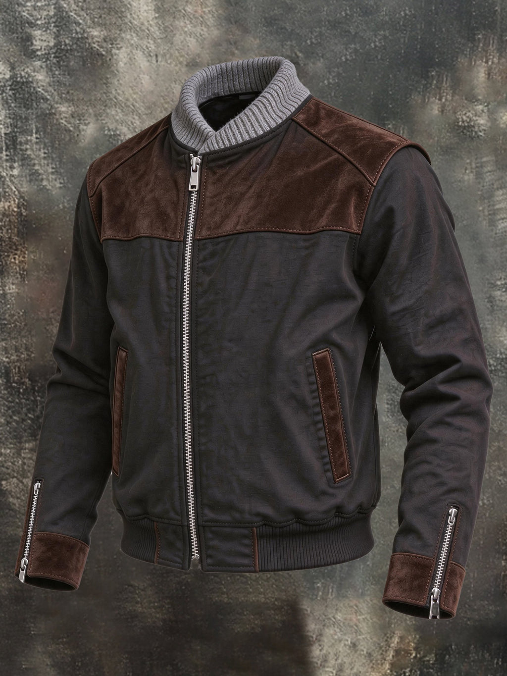 Men's Retro Faux Suede Panel Jacket with Ribbed Stand Collar