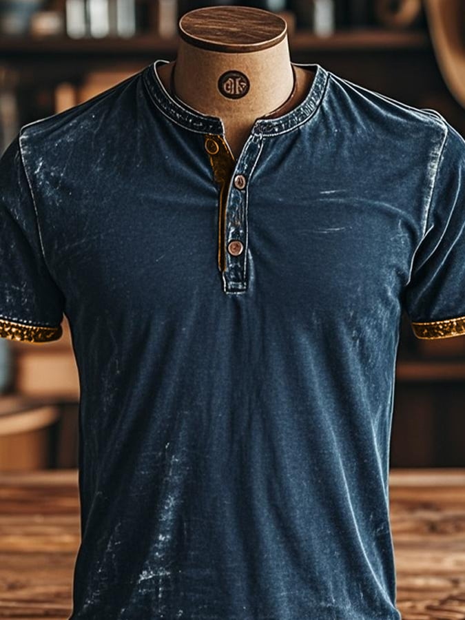 Men's vintage-style Henley print short-sleeved T-shirt
