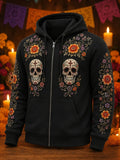 Men's Day Of The Dead Twin Skull Curly Ornamental Blossom Print Zipper Hoodies