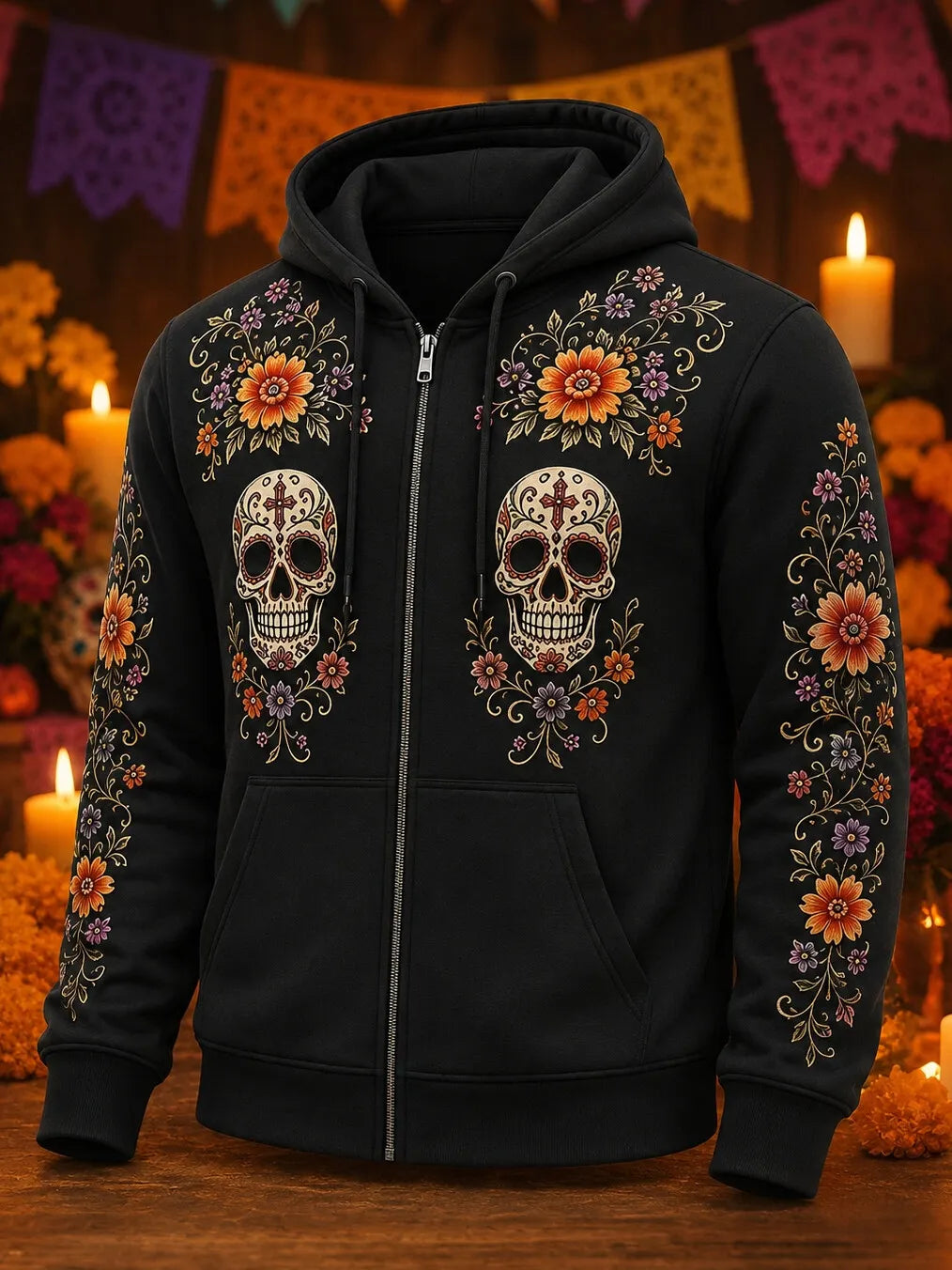 Men's Day Of The Dead Twin Skull Curly Ornamental Blossom Print Zipper Hoodies