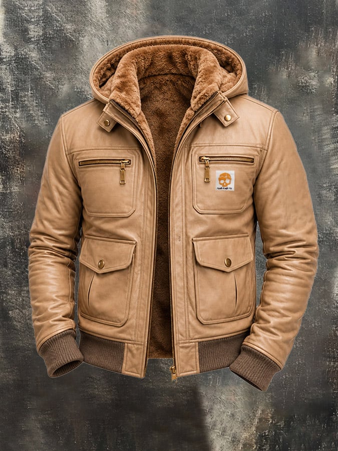 Men’s Vintage Fleece-Lined Warm Soft Faux Leather Hooded Jacket
