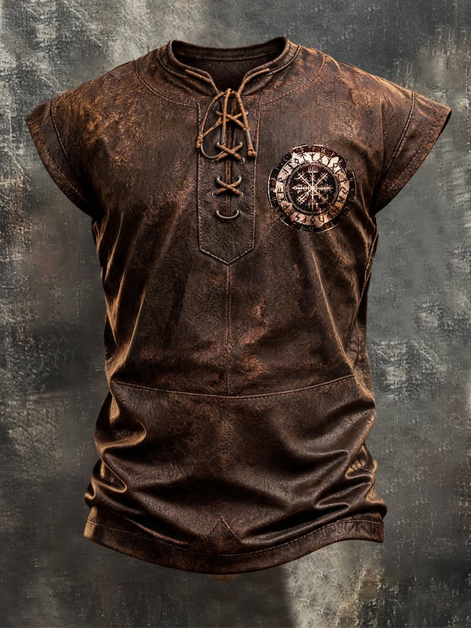 Men's Vintage Viking-Print Lace-Up T-Shirt