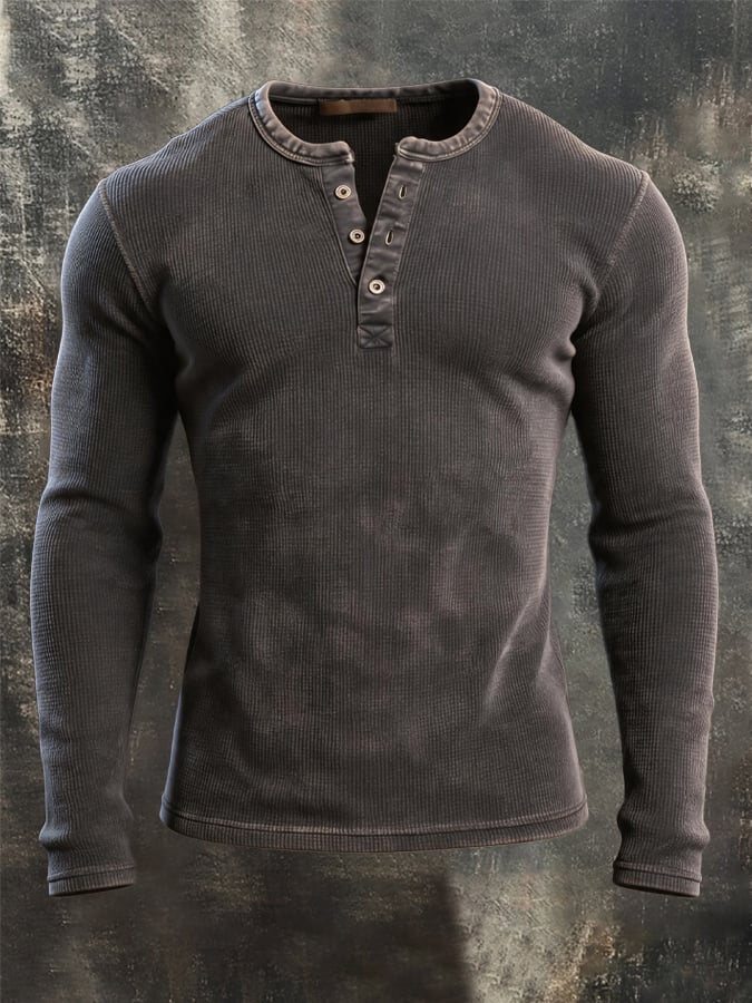 Men's Retro Comfortable Color-Block Waffle-Knit Henley T-Shirt