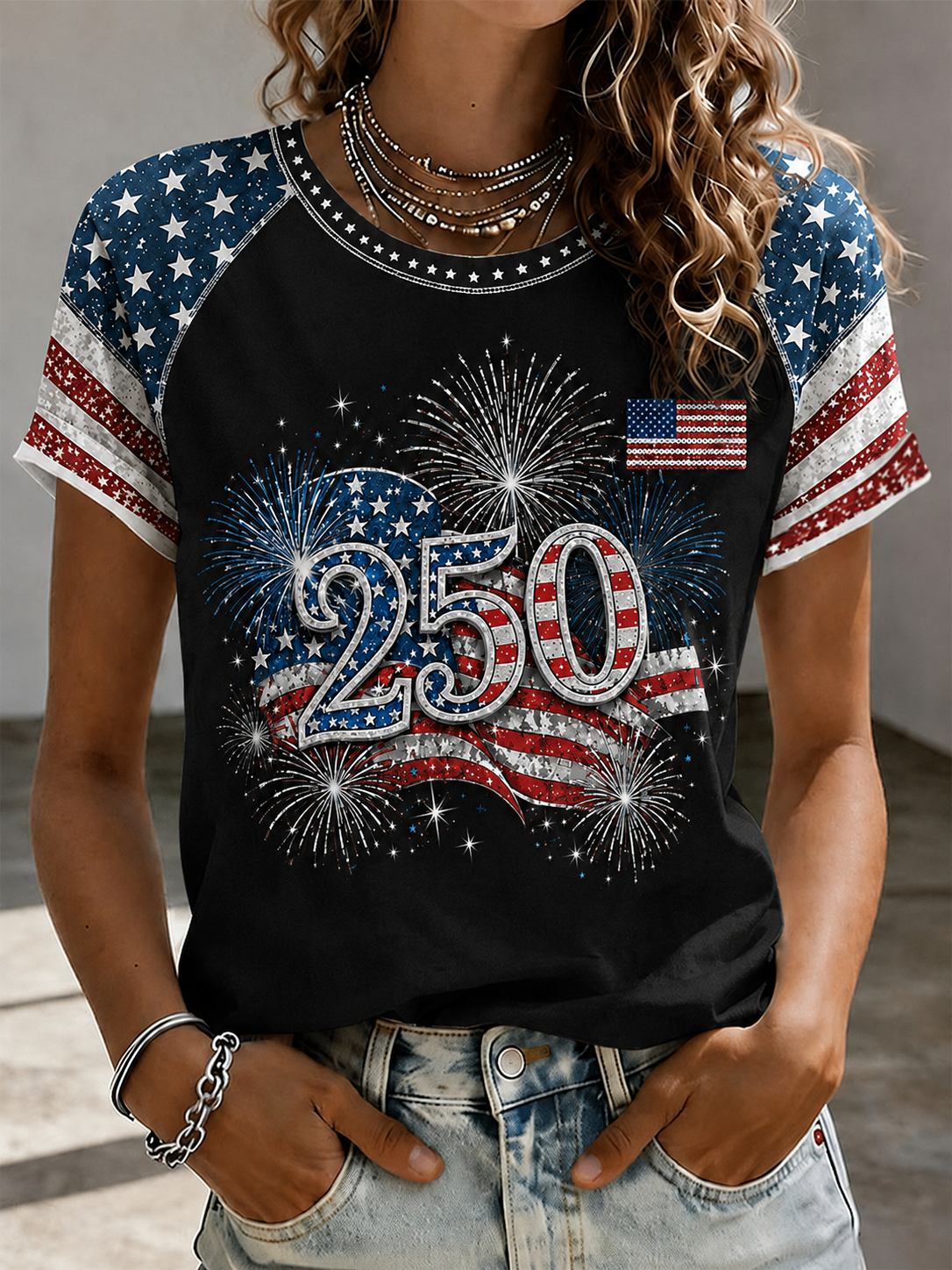 Women'S Retro Loose Short Sleeved T-Shirt With American Flag Print