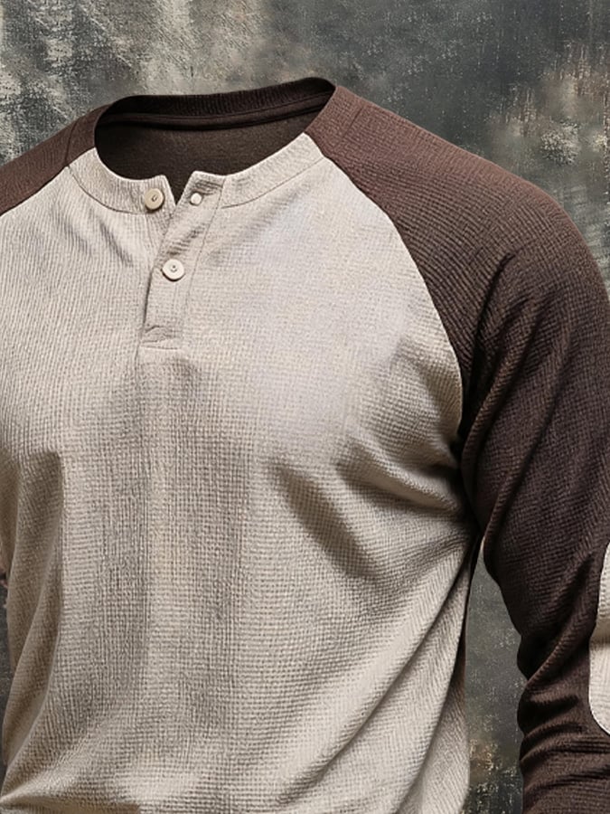 Men's Retro Color-Block Waffle-Knit Henley Shirt