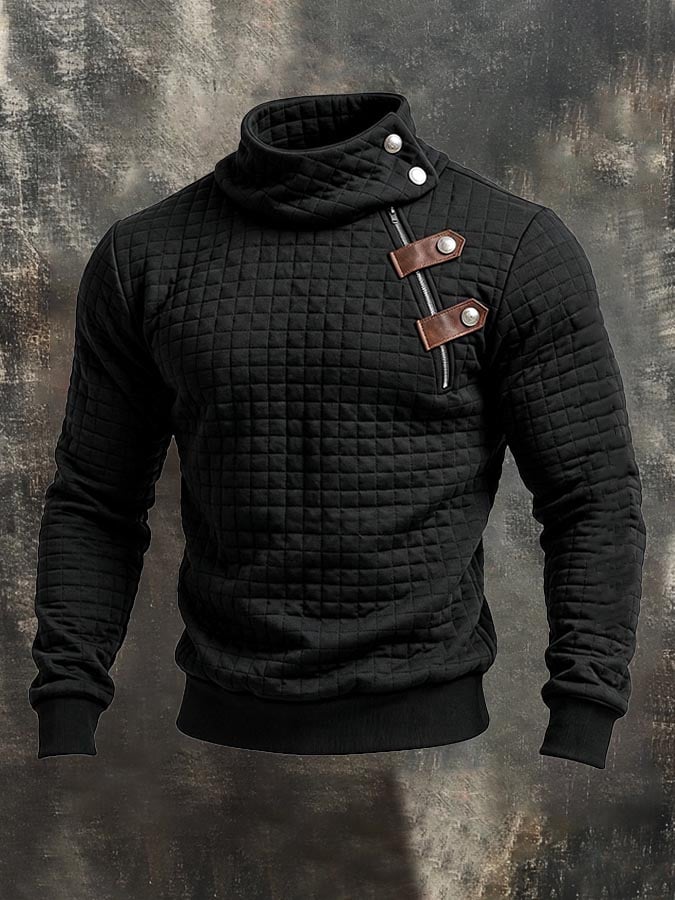 Men's Retro Textured Paneled Leather-Detail Mock-Neck Sweatshirt