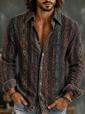 Men's Dark Base Vertical Wavy Color Lines Print Long Sleeve Shirt