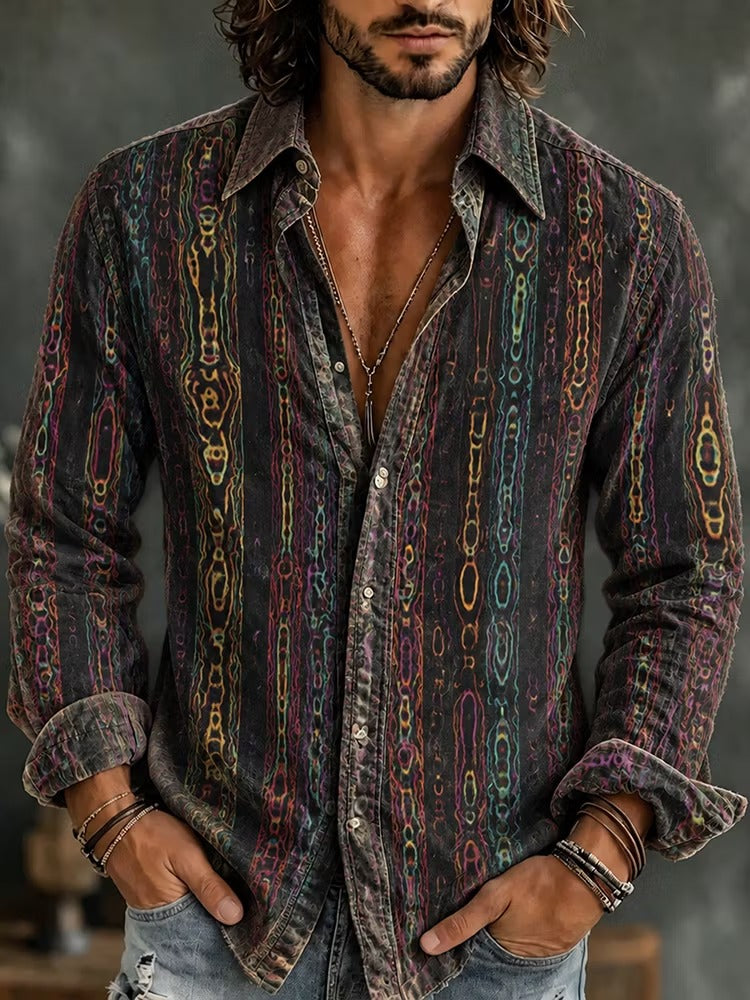 Men's Dark Base Vertical Wavy Color Lines Print Long Sleeve Shirt