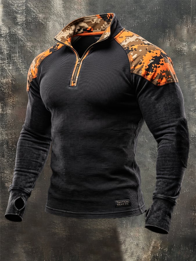 Men's Vintage Cotton Waffle-Knit Camo-Panel Zip-Up Sweatshirt