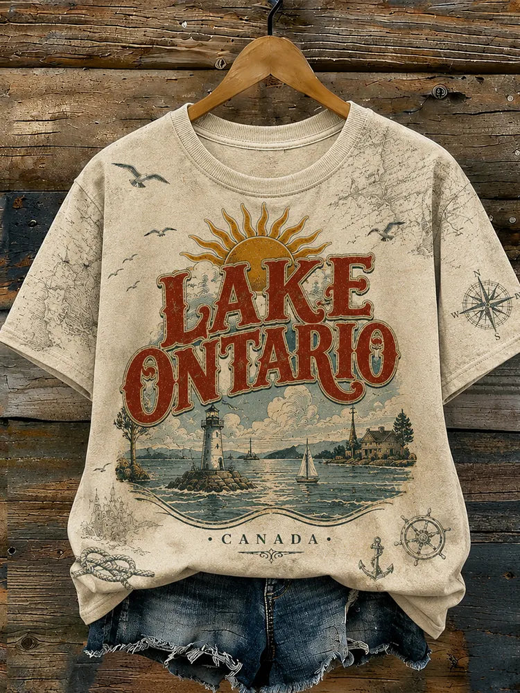Retro Lake Ontario Canadian Lighthouse Sailboat Pattern T-shirt