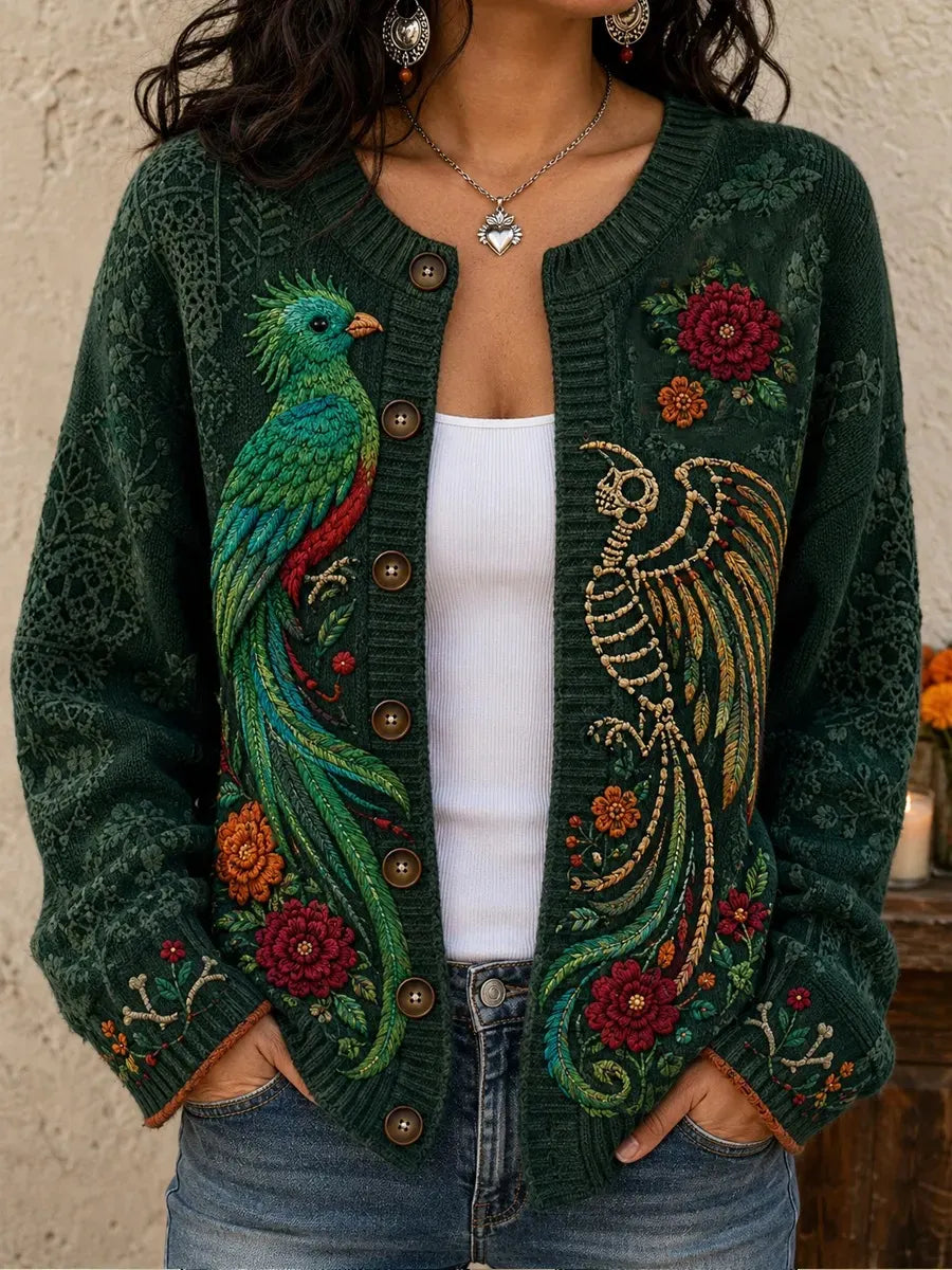 Women's Day Of The Dead Phoenix‐Style Skeleton Bird Rich Floral Compositions Print Knit Cardigan