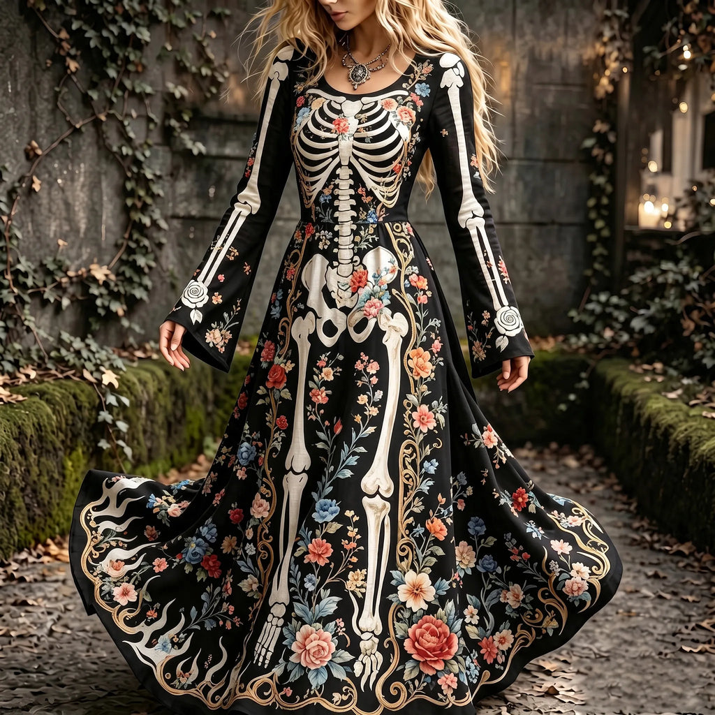 Women's Vintage Halloween Skeleton And Floral Art Print Crew Neck Long Sleeve Maxi Dress
