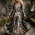 Women's Vintage Halloween Skeleton And Floral Art Print Crew Neck Long Sleeve Maxi Dress