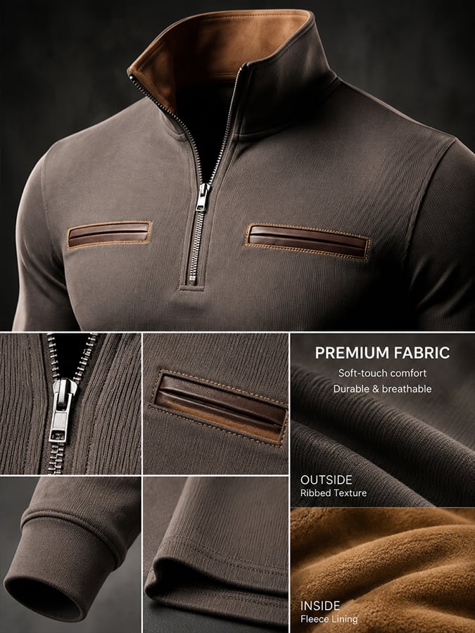 Men’s Vintage Quarter‐Zip | Faux‐Leather Pocket Rugged Long‐Sleeve