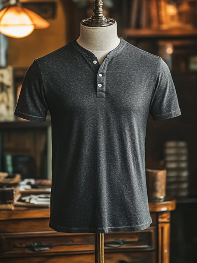 Men's Vintage Premium Distressed Henley Short Sleeve T-Shirt