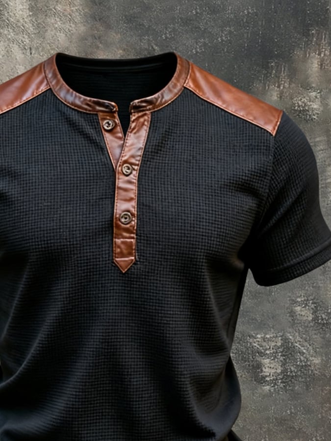 Men'S Retro Color-Block Short-Sleeve Henley T-Shirt With Waffle Knit And Leather Paneling