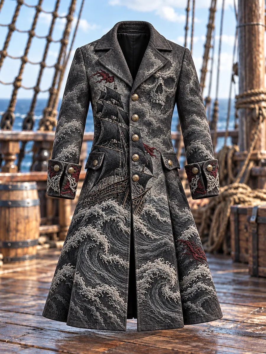🏴‍☠️ Men's Ghost Ship & Skull Ocean Waves Pirate Coat
