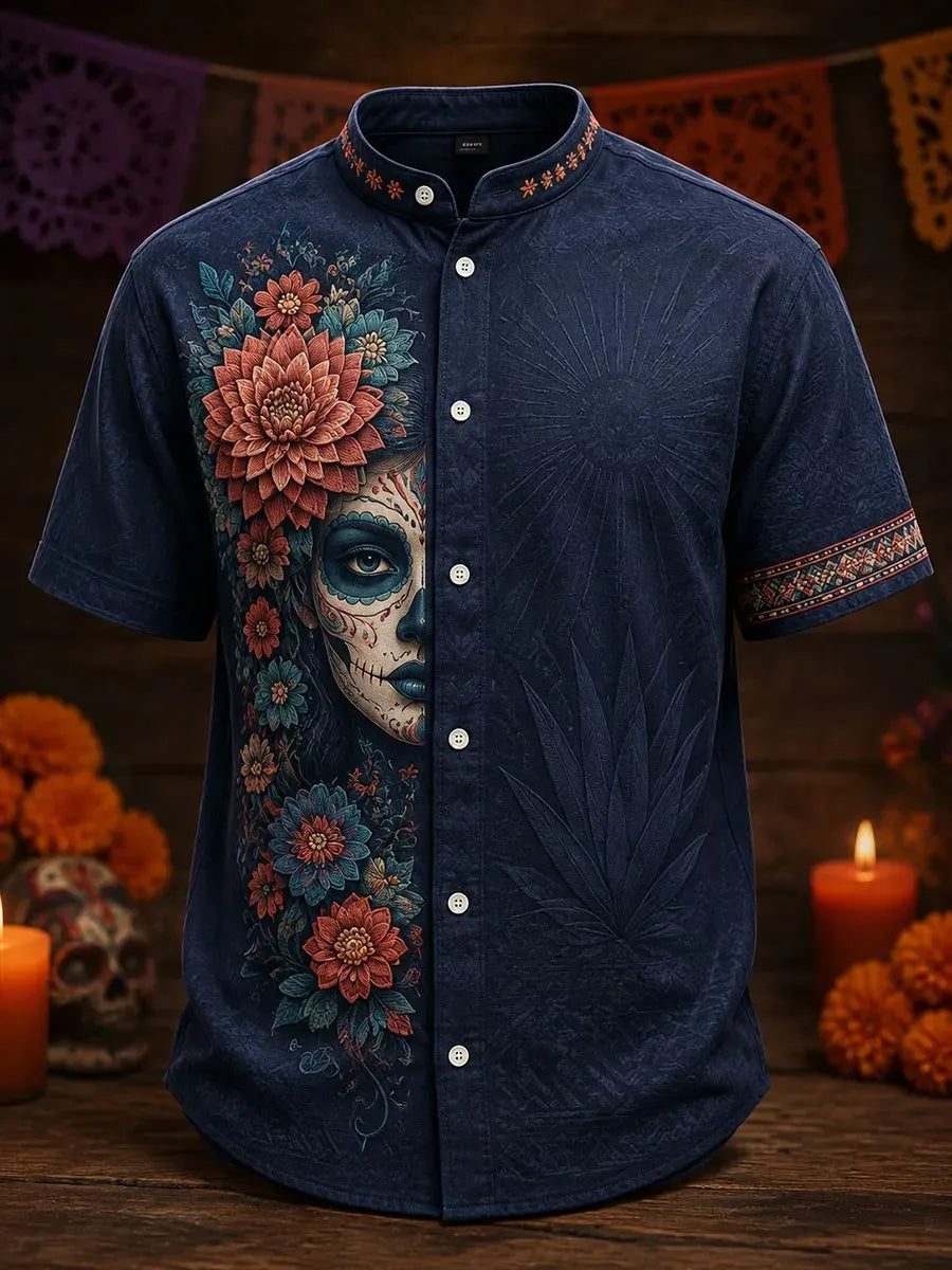 Men's Day Of The Dead Half Catrina Portrait And Multicolored Dahlias Print Stand Collar Short Sleeve Shirt