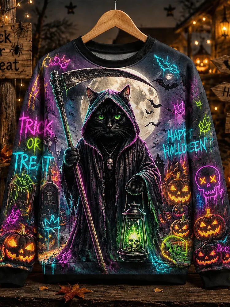 Neon Grim Reaper Black Cat Halloween Spooky Trick Or Treat Pumpkin Gothic Sweatshirt