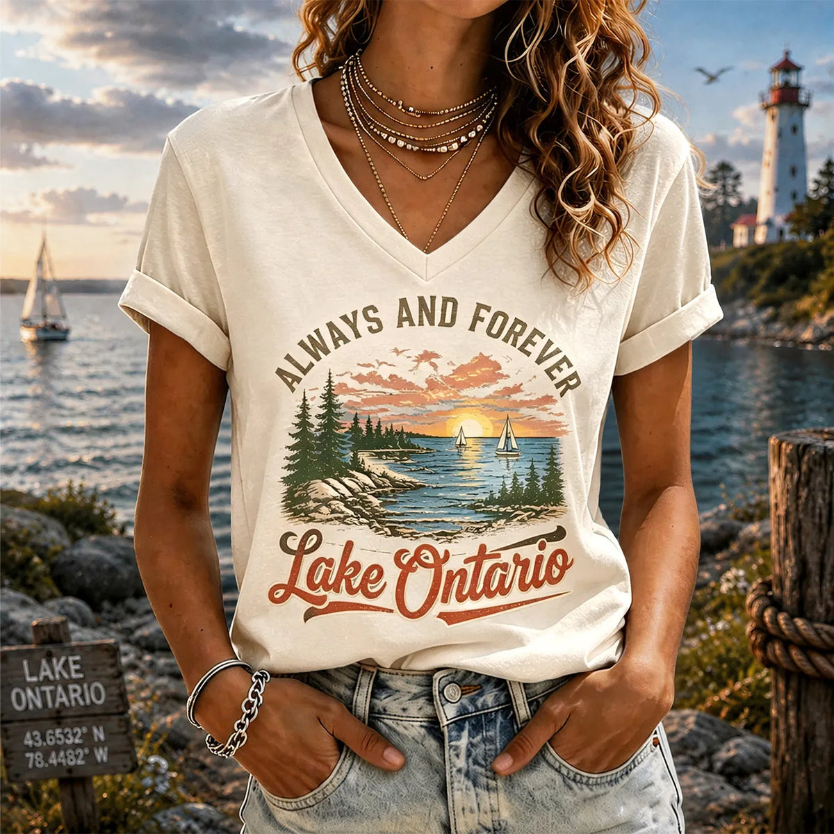 Retro Sunset Lakeside Ontario Timeless V-neck T-shirt