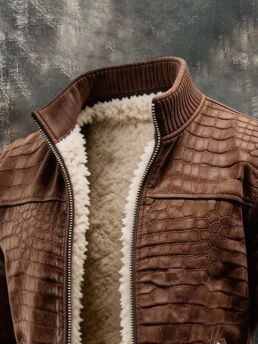 Men’s Vintage Faux-Leather Crocodile-Texture Fleece-Lined Stand-Collar Jacket