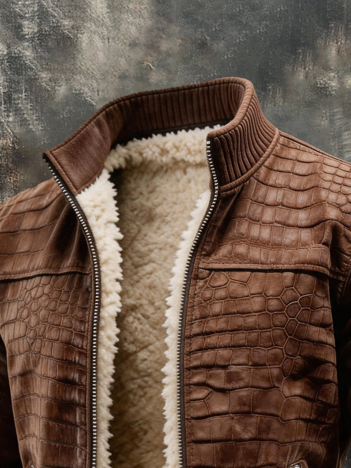 Men’s Vintage Faux-Leather Crocodile-Texture Fleece-Lined Stand-Collar Jacket