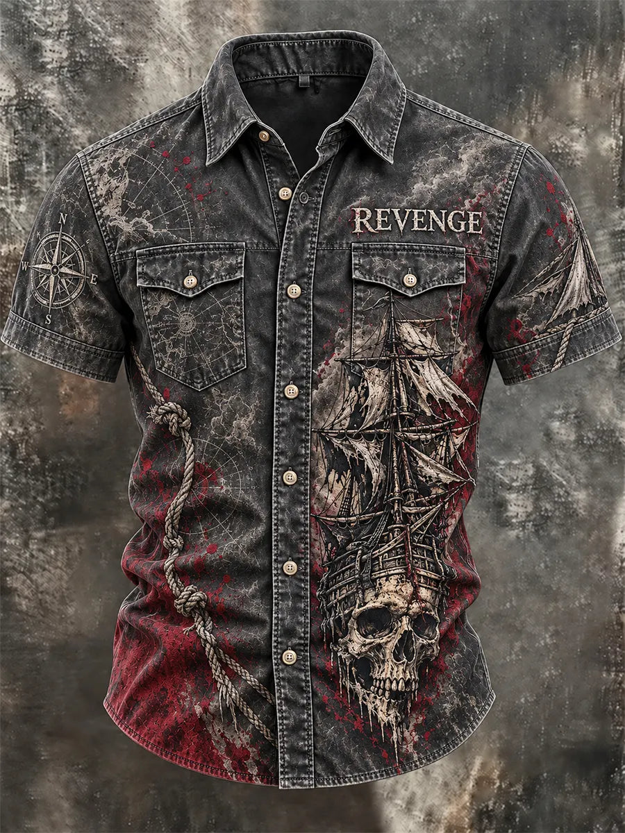 🏴‍☠️⚓"Dark Waters" Bloody Skull & Pirate Ship Denim Shirt