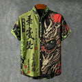 Men's Retro Vacation Japanese Art Cat Dragon Bone Color Block Print Short-sleeve Cotton Linen Shirt