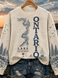 Women's Crewneck Sweatshirt - Lake Ontario River Topography, Pine Forest & Maple Leaf Print