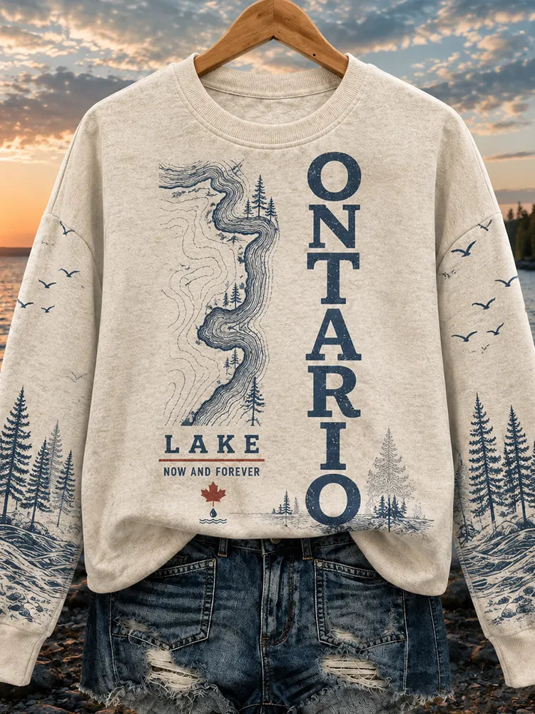 Women's Crewneck Sweatshirt - Lake Ontario River Topography, Pine Forest & Maple Leaf Print
