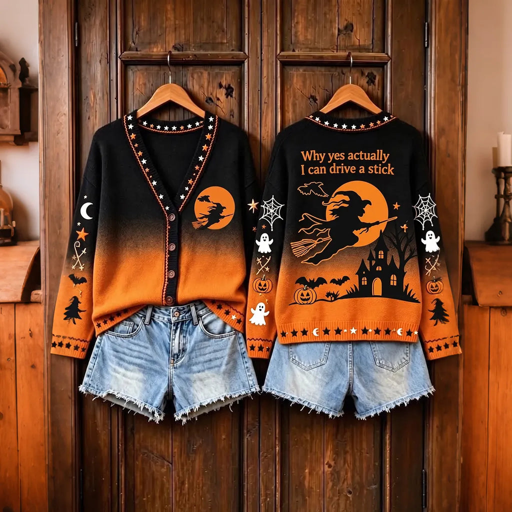 Women's Halloween Print V Neck Sweater Cardigan