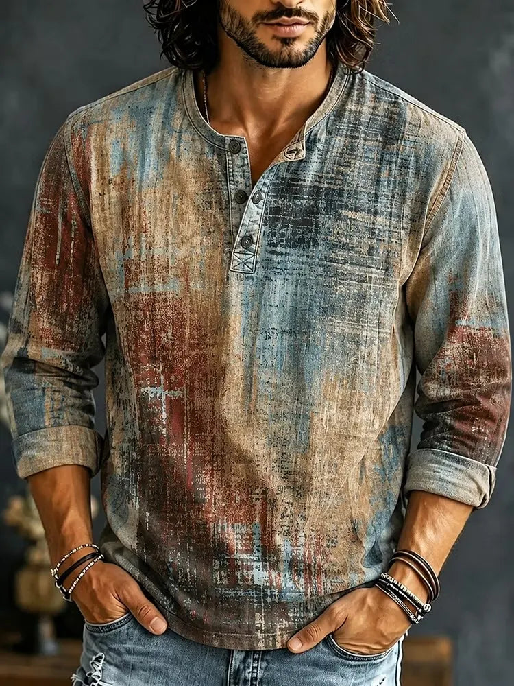 Men's Vintage Distressed Painted Print Henry Collar Long Sleeve T-Shirt