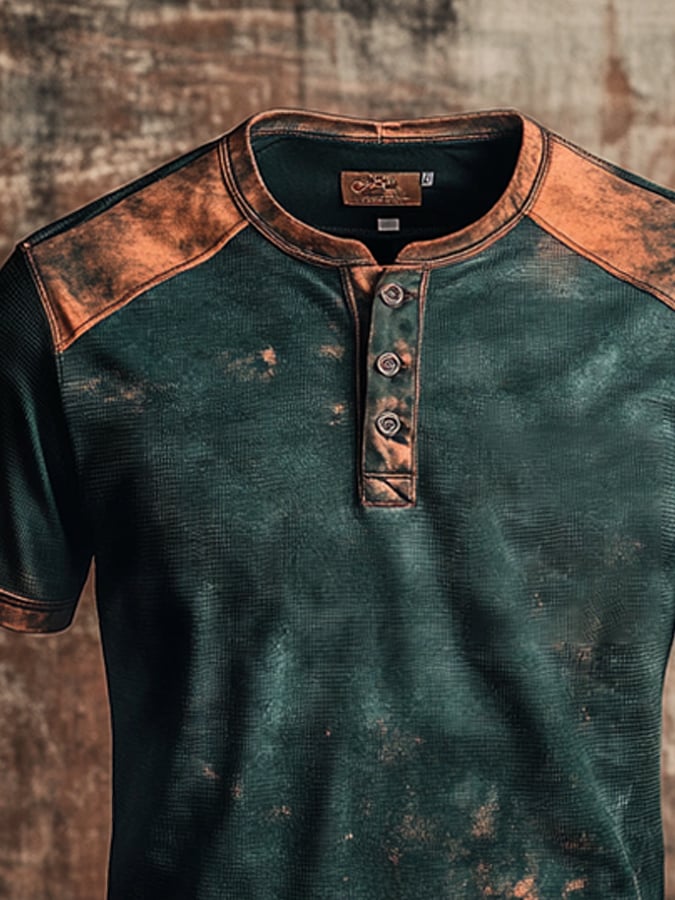 Men's Vintage Distressed Waffle Henry Short Sleeve T-Shirt