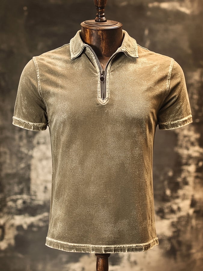 Men's casual zip-up polo shirt in retro wash style