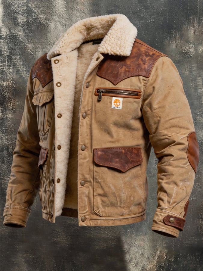 Men’s Vintage Leather-Paneled Insulated Multi-Pocket Western-Style Outdoor Jacket