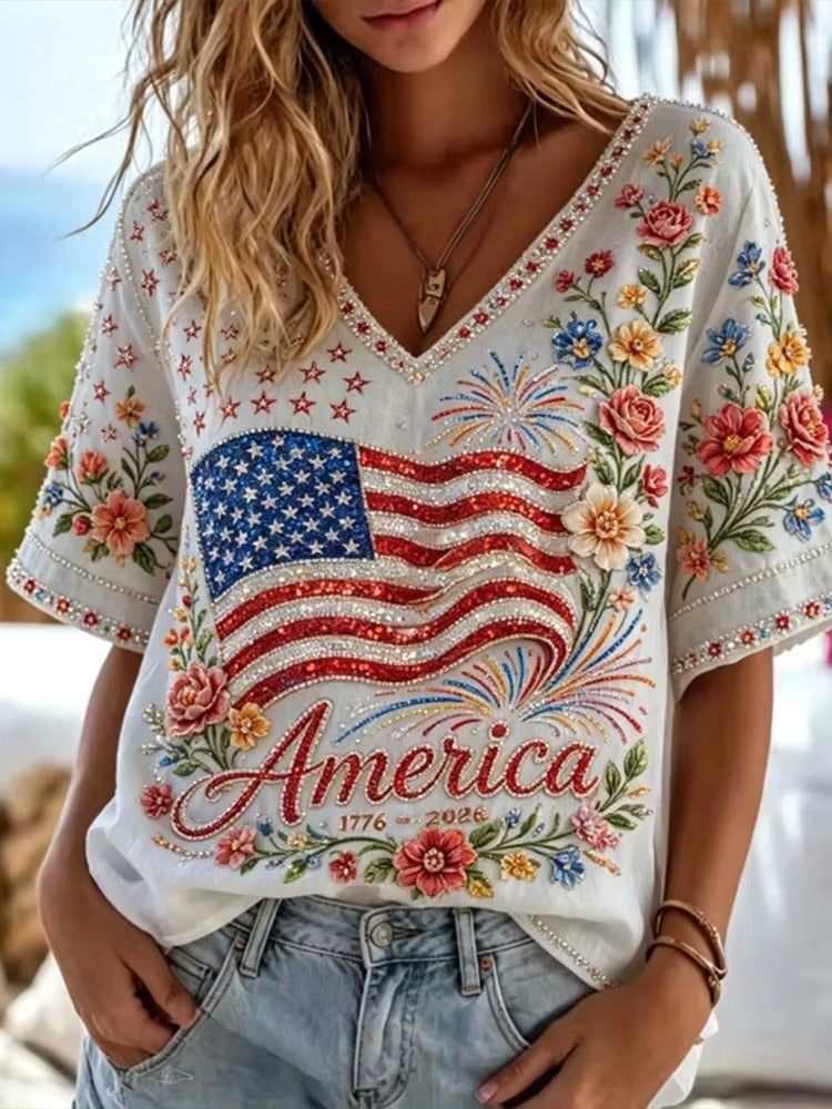 Women's Independence Day Flag And Floral Print Cotton Linen V-neck Short Sleeve Top