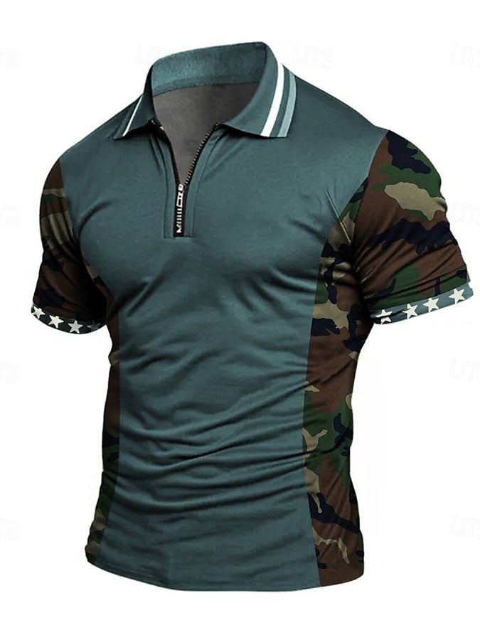 Men's casual penguin zip-up color-block polo shirt