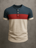 Men's Basic Henley Neck T-Shirt for Daily Wear Casual Faded Wide Stripe Contrast Color Short Sleeve