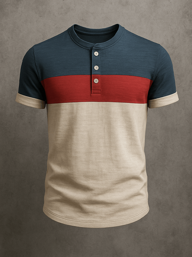 Men's Basic Henley Neck T-Shirt for Daily Wear Casual Faded Wide Stripe Contrast Color Short Sleeve