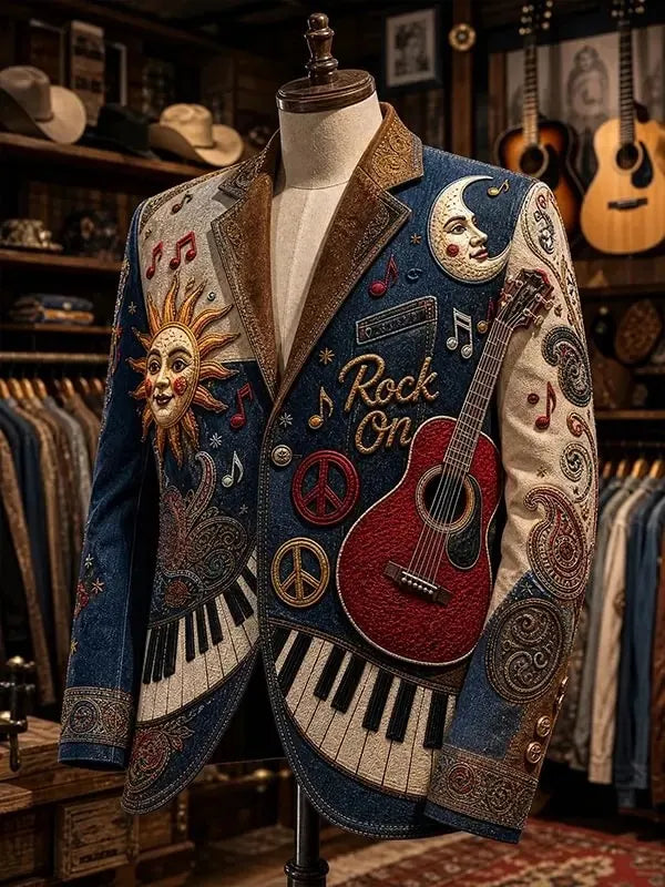 Men's Hippie Rock On Text Beside Vibrant Red Acoustic Guitar Print Blazer